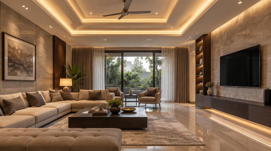 Living room with illuminated false ceiling
