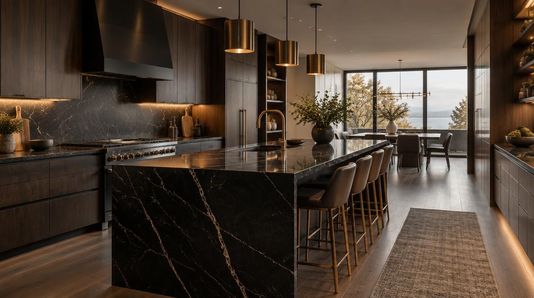 Modern dark kitchen with marble island